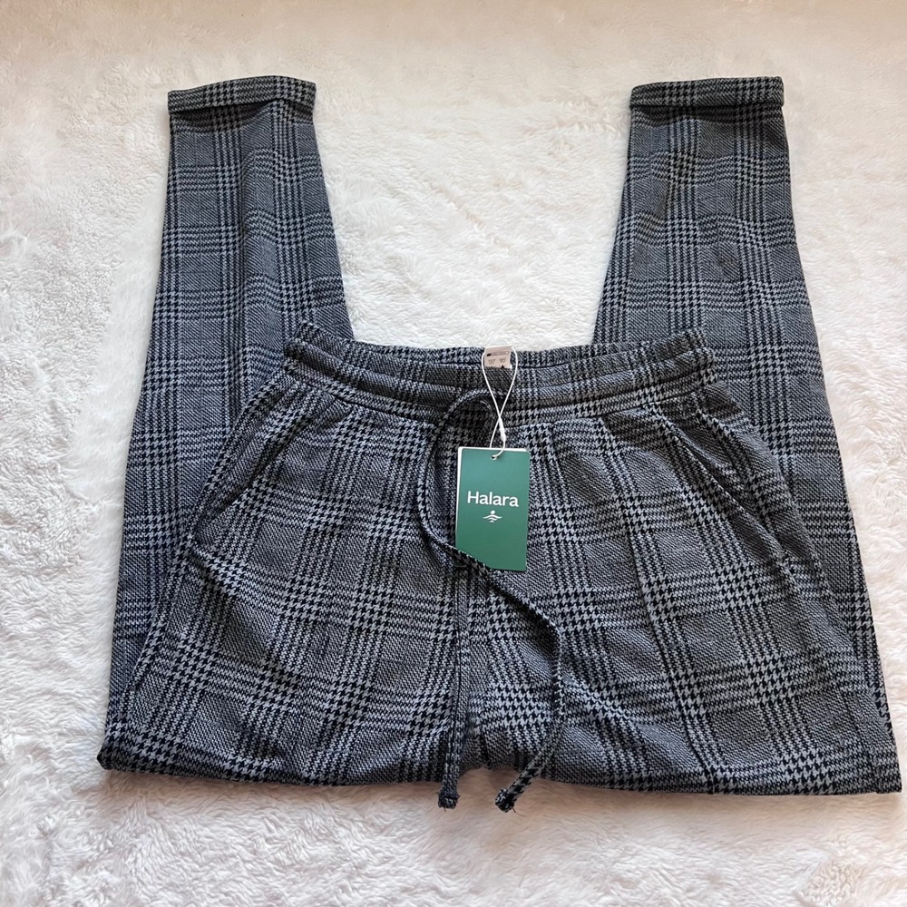 Halara Grey Glen Plaid Tapered Trousers High Waist Drawstring Pants XS Regular